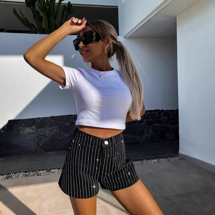 Striped denim wide leg jorts for women. Relaxed fit shorts, a versatile bottom for summer & casual outfits.