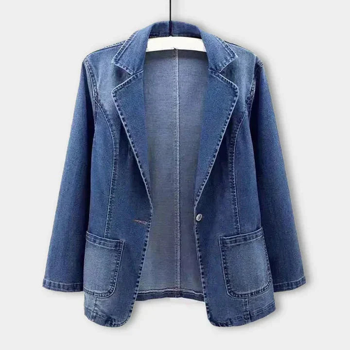 Women's stylish blue denim blazer jacket, tailored fit for casual chic style