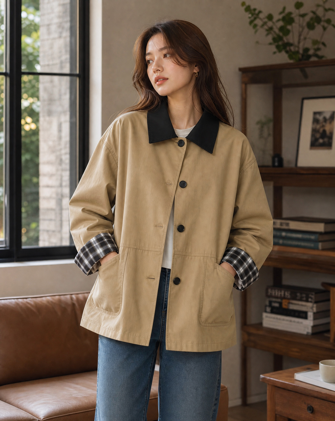 Women's stylish button-up jacket with contrast trim. Perfect for chic everyday wear and casual outerwear.