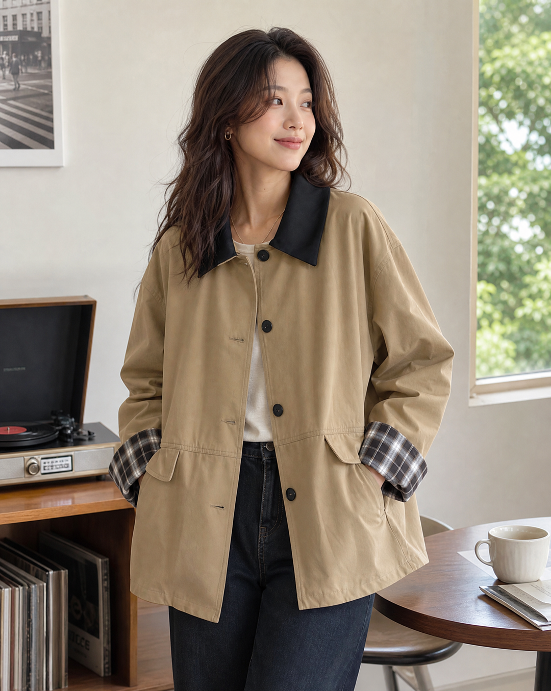Versatile women's button-up jacket, contrast trim for stylish layering. Ideal fall & winter outerwear fashion.