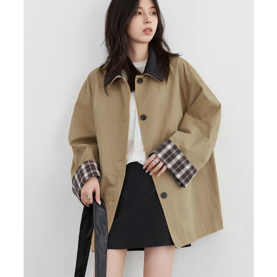 Fall/winter women's stylish jacket, button-up & contrast trim. A chic, versatile everyday layering piece.