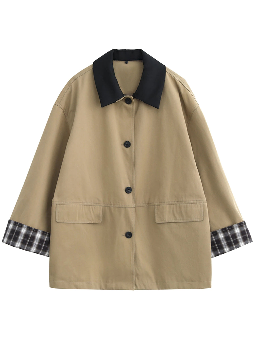 Chic women's button-up jacket with stylish contrast trim. A versatile layering piece for casual & everyday wear.