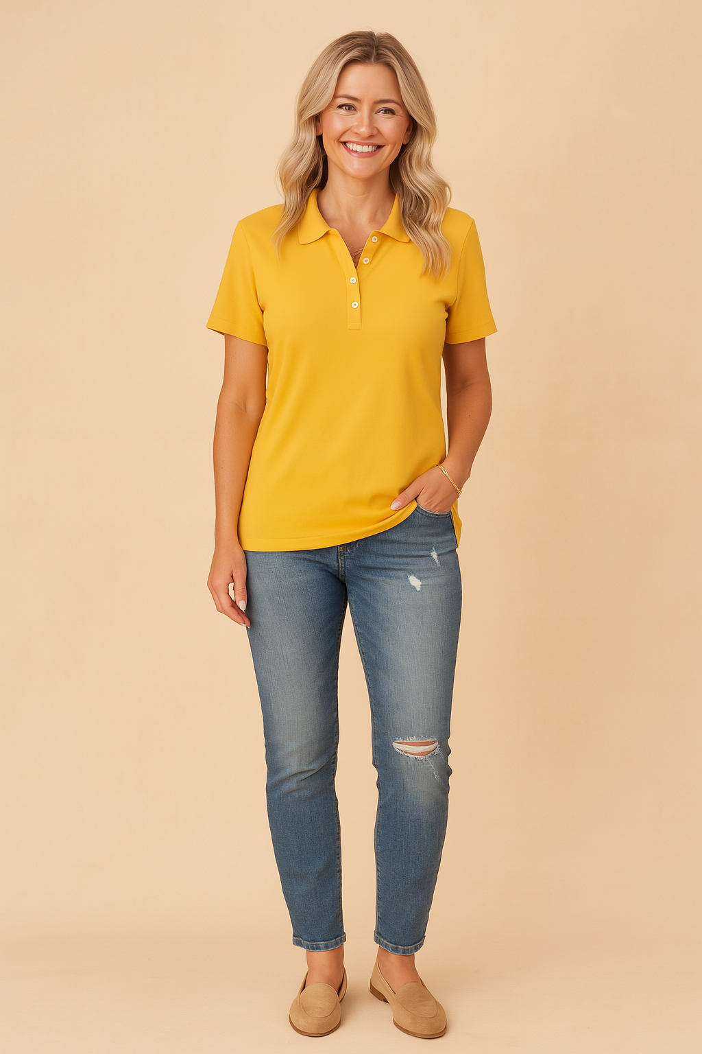 Everyday women's fashion polo shirt, short sleeve, button placket. A classic & versatile casual top.