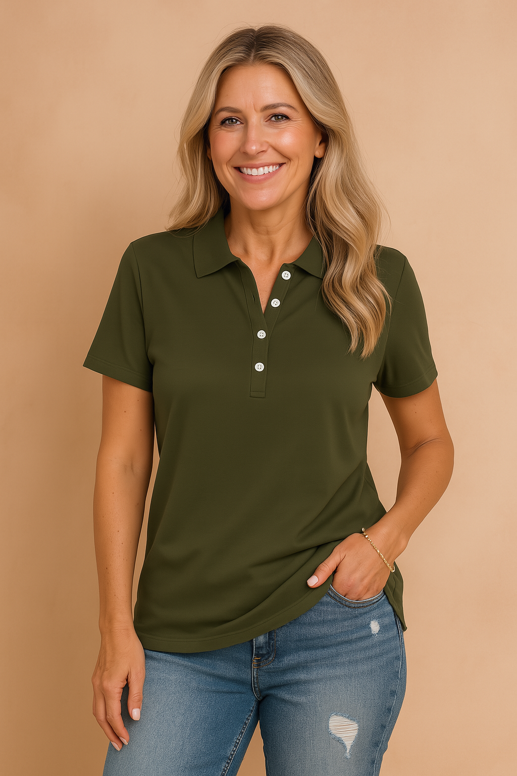 Stylish women's casual polo t-shirt with short sleeves, fitted design, and button placket for summer.