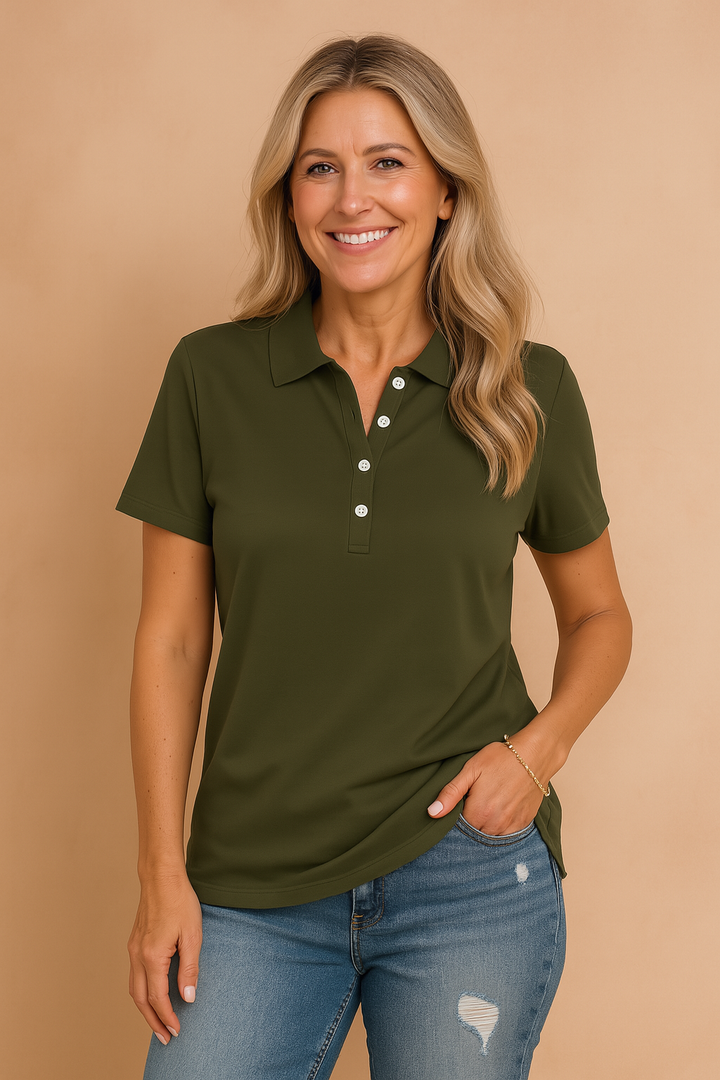 Stylish women's casual polo t-shirt with short sleeves, fitted design, and button placket for summer.
