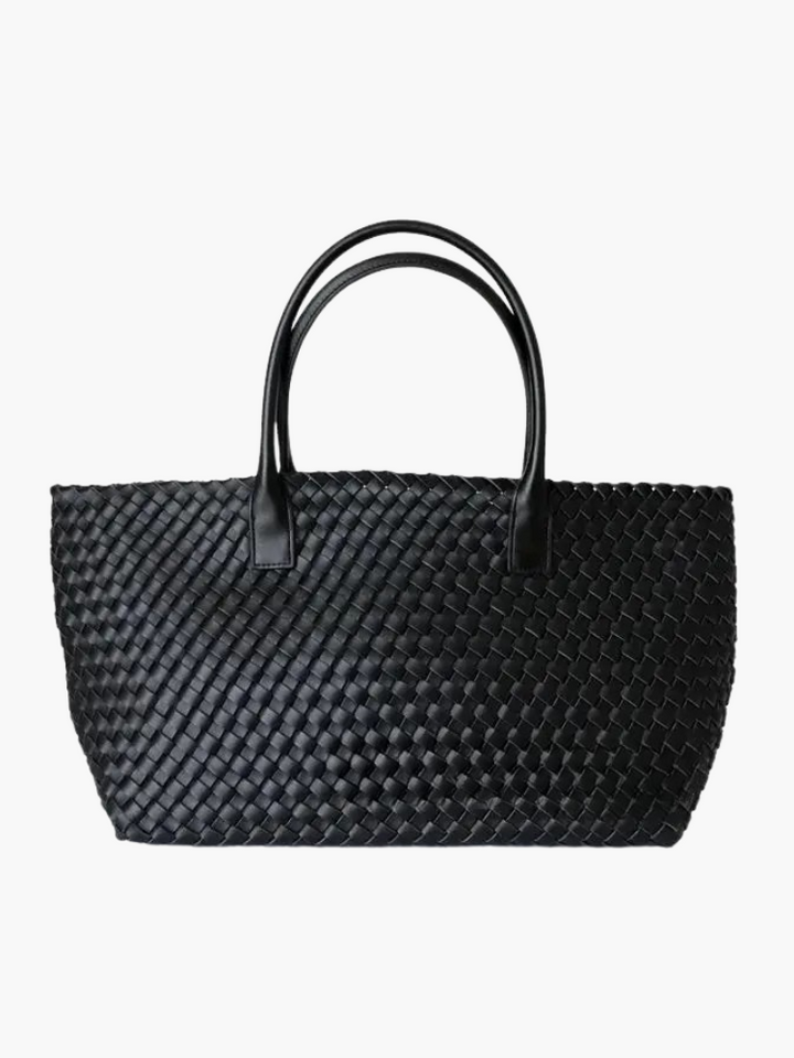 Coffee women's premium woven leather tote bag. Stylish and practical everyday shoulder handbag.