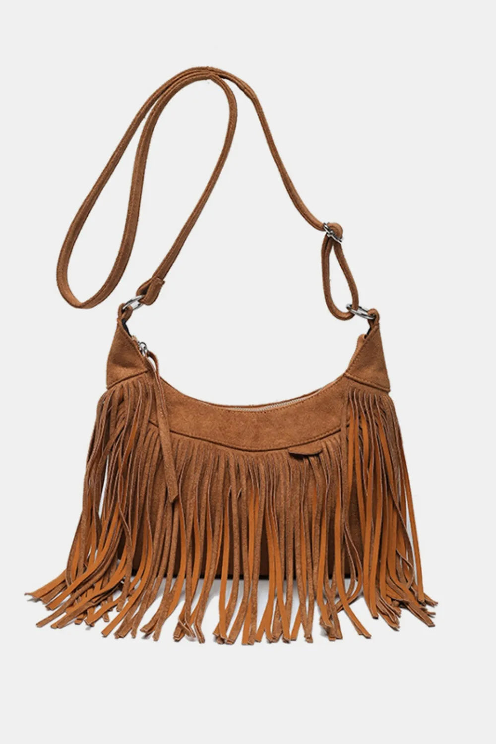 Women's tan suede fringe shoulder bag, boho crossbody style.