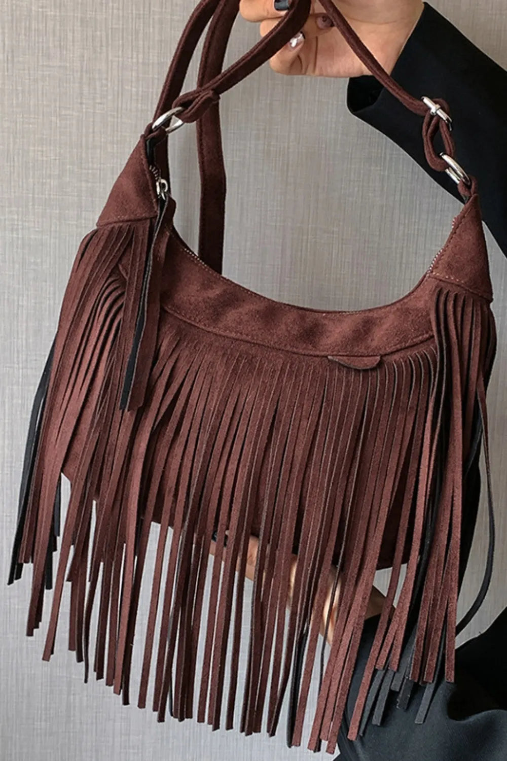 Versatile women's suede bag, styled as both shoulder and crossbody.