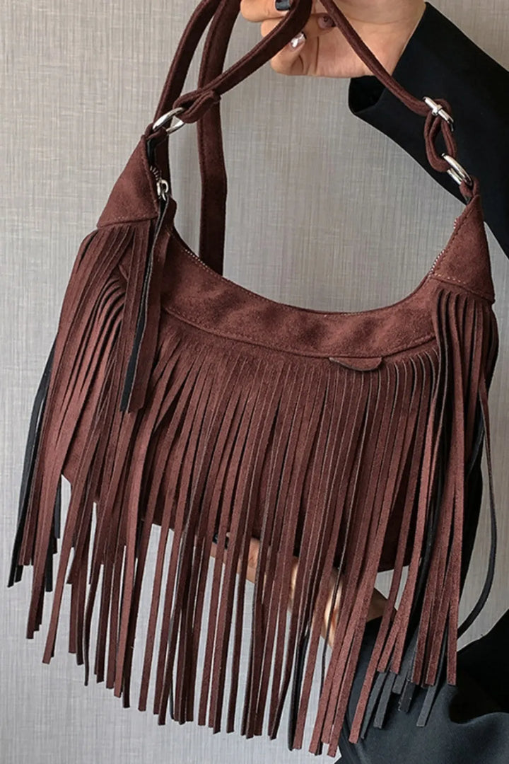 Versatile women's suede bag, styled as both shoulder and crossbody.