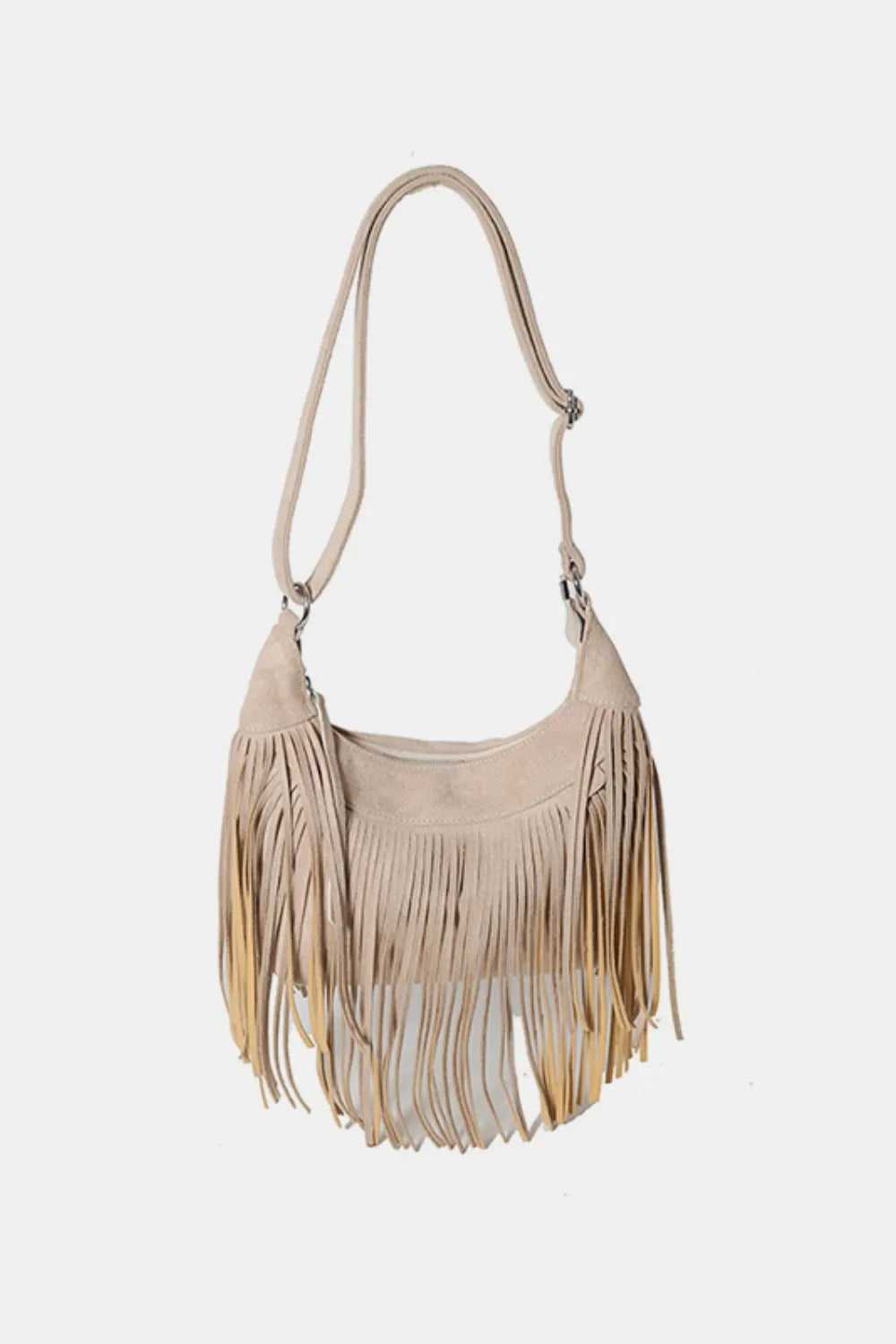 Red suede fringe handbag, a vibrant boho statement piece.