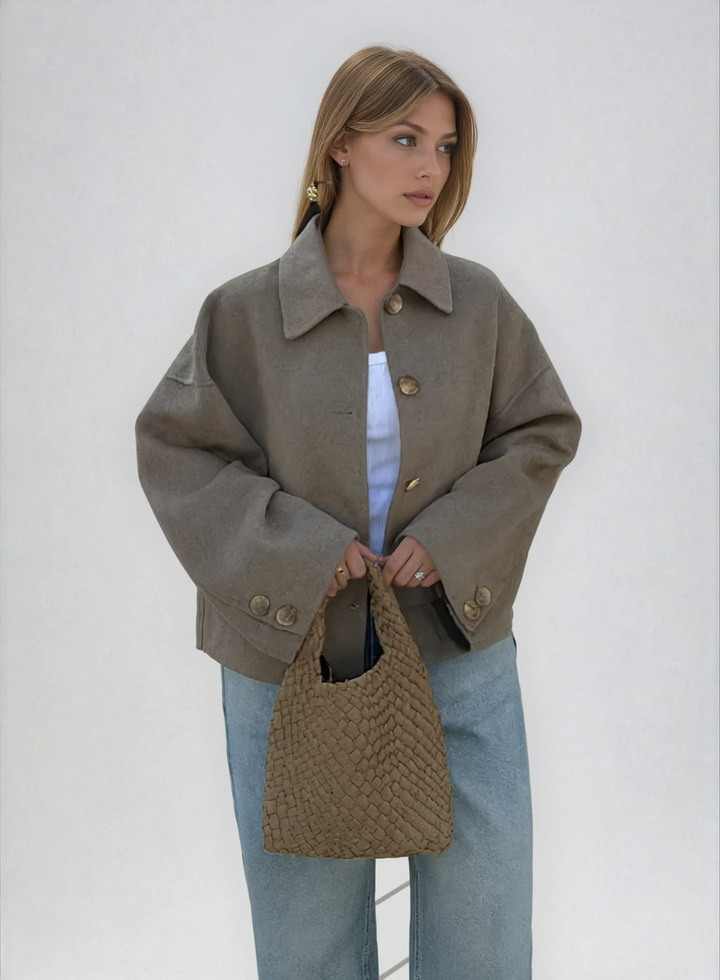 Women's taupe wool blend boxy cropped jacket with classic collar. Cozy outerwear.