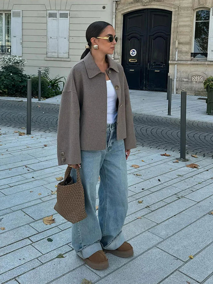 Polished women's taupe boxy jacket made from a warm wool blend. Perfect outerwear.