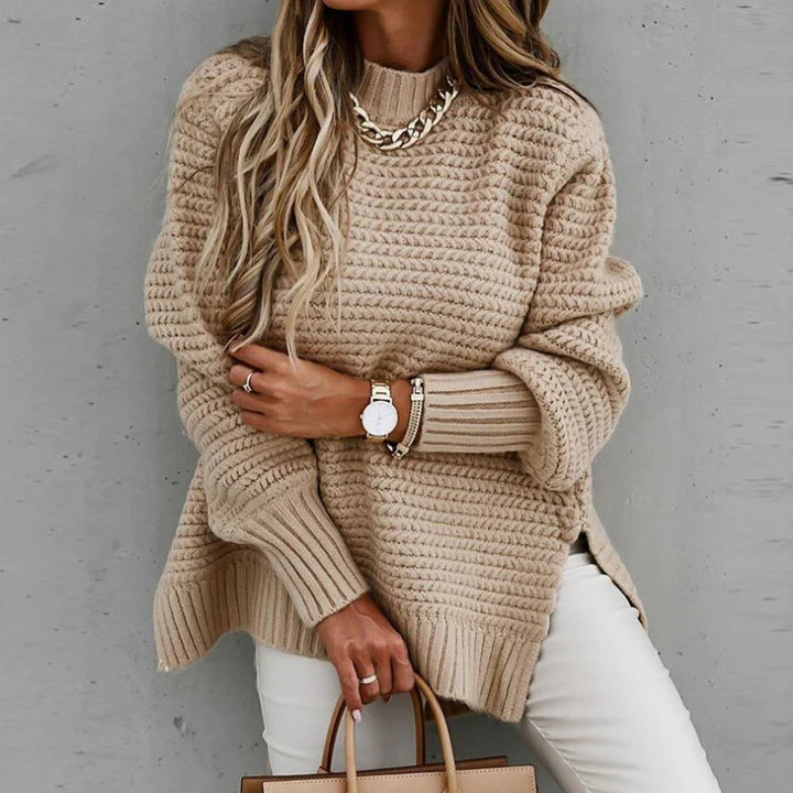 Women's textured mock neck jumper in a cozy knit, perfect for winter.