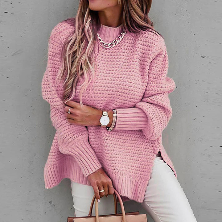 Casual ladies sweater with a chic mock neck, ideal for layering in cold weather.