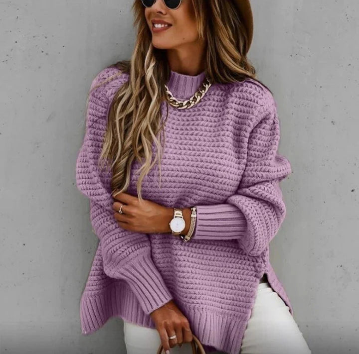 Trendy women's jumper with a sophisticated mock neck and comfortable oversized silhouette.