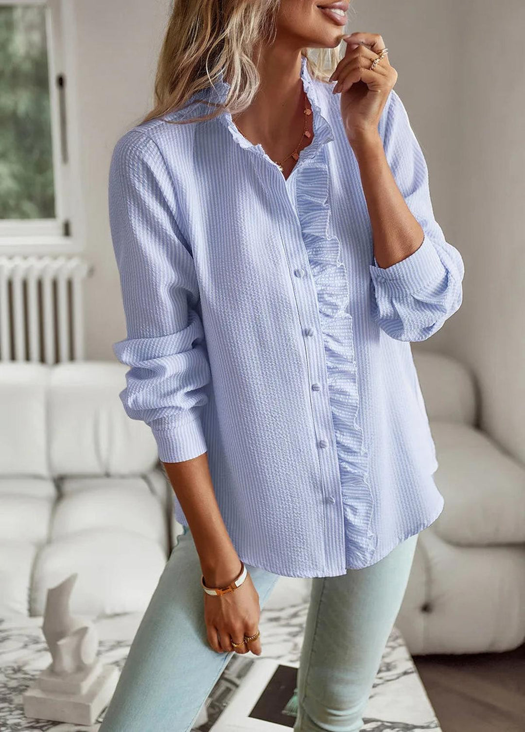 Women's Textured Ruffle Trim Blouse - Elegant & Comfortable Top