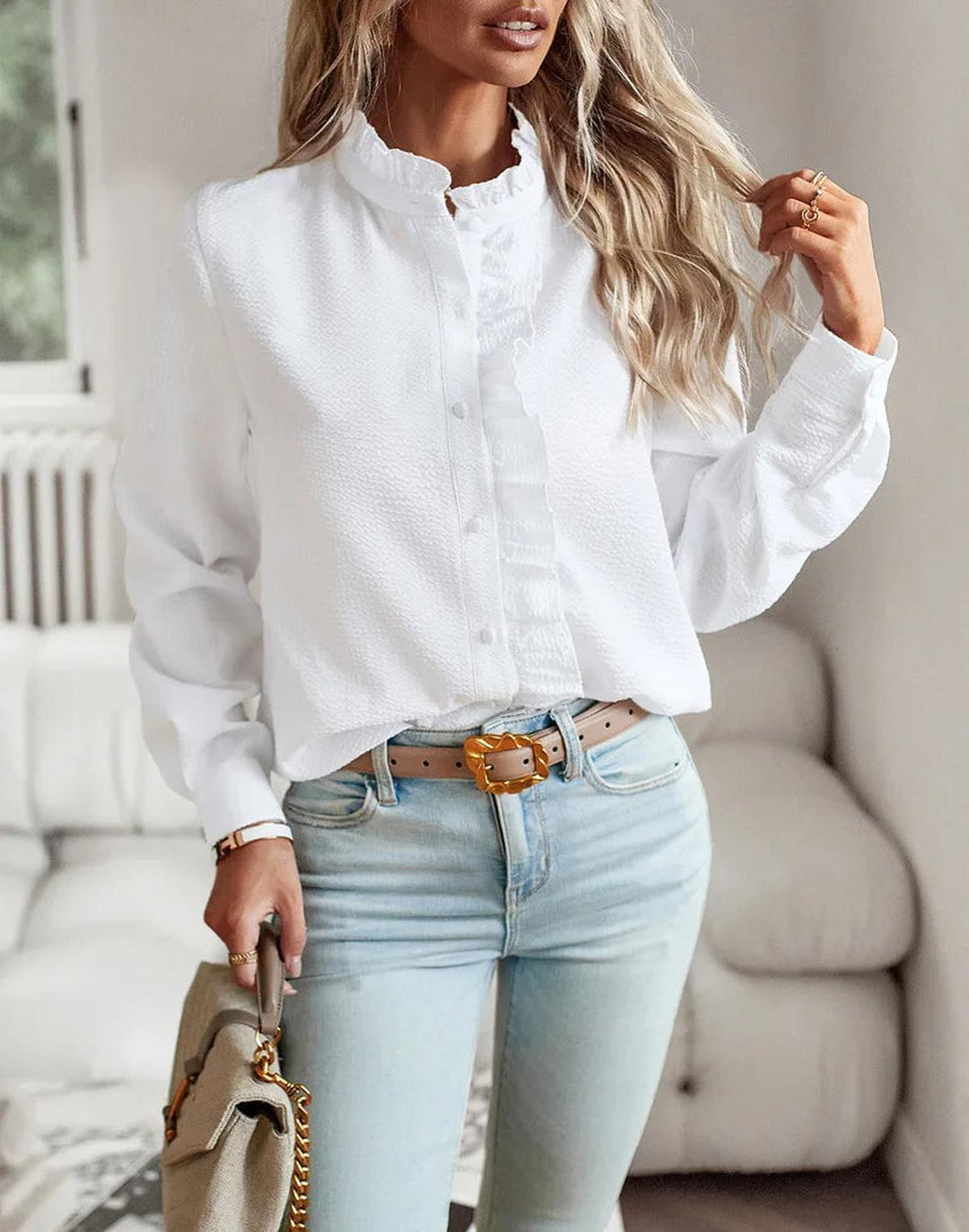 Women's Textured Ruffle Trim Blouse - Elegant & Comfortable Top