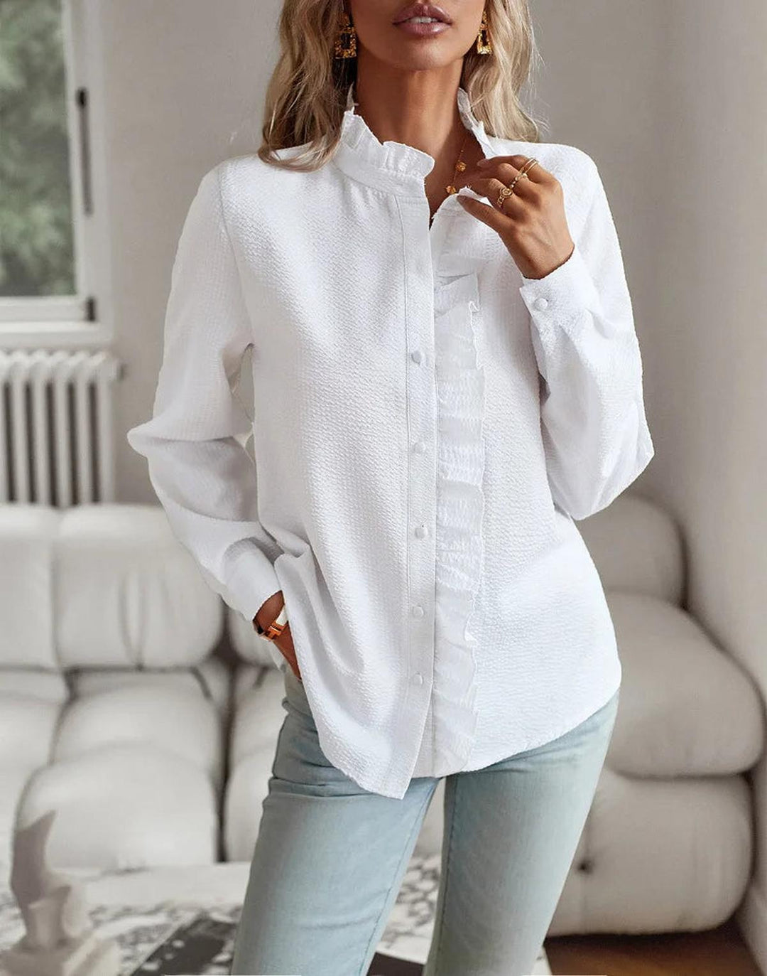 Women's Textured Ruffle Trim Blouse - Elegant & Comfortable Top
