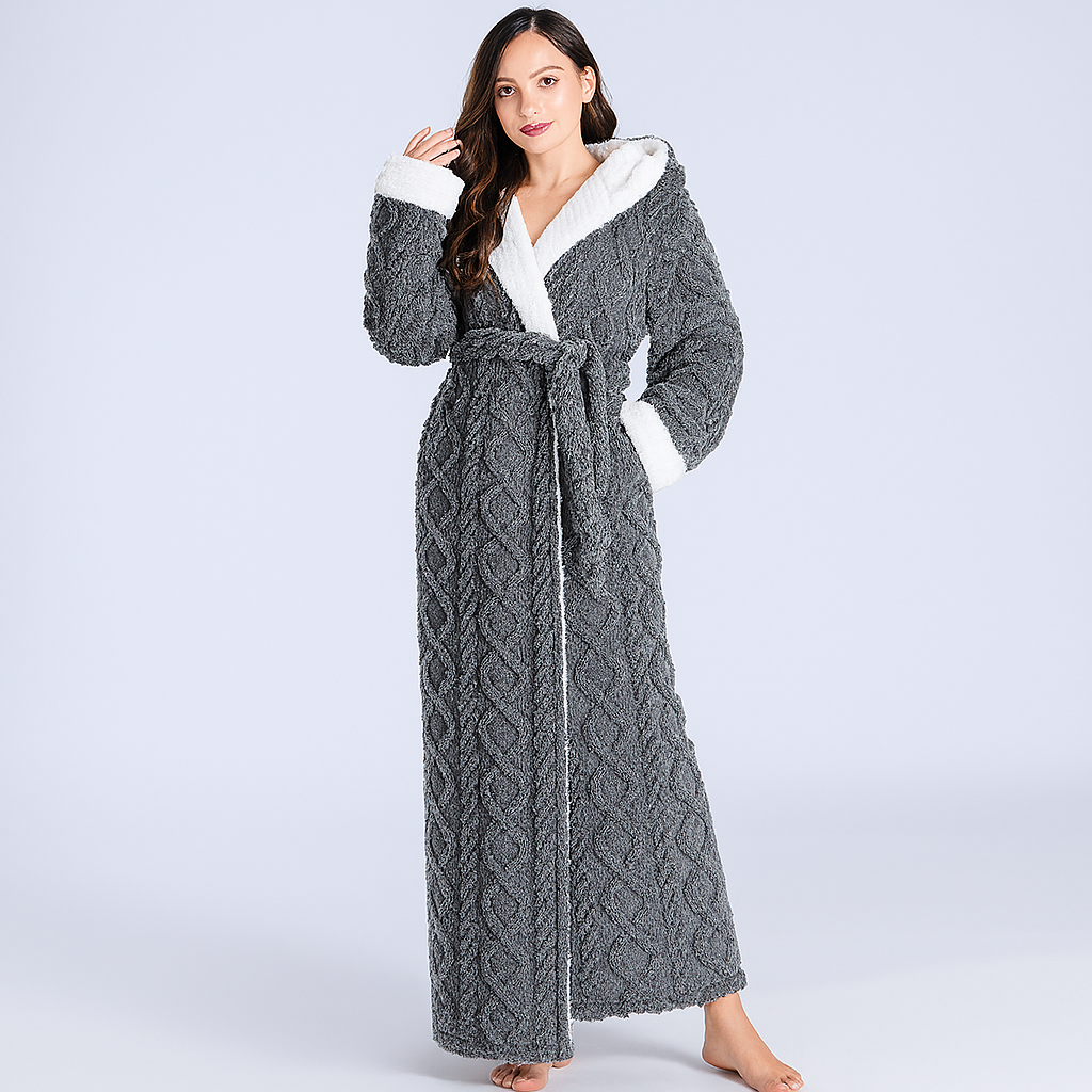Cozy ankle-length hooded bathrobe for women, perfect for lounging and sleepwear.