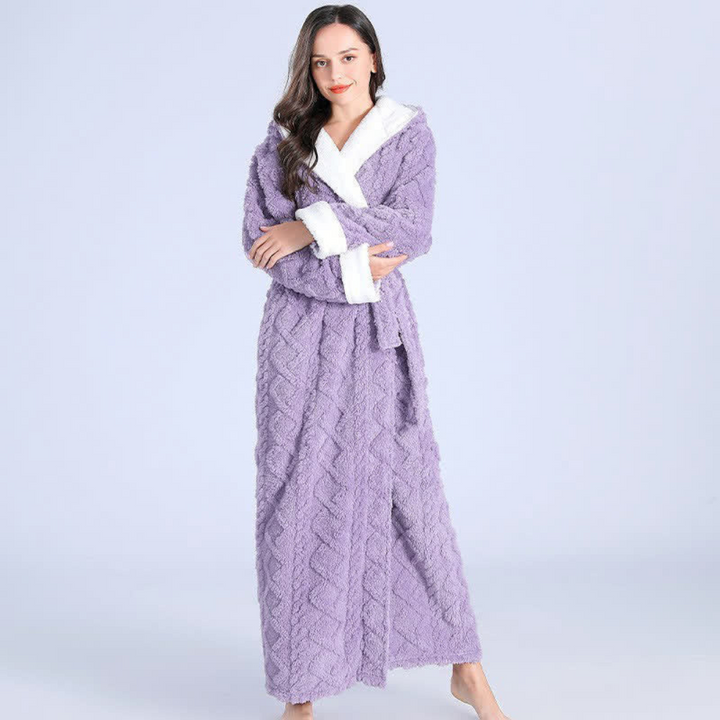 Luxurious women's flannel robe with hood, offering superior softness and warmth.