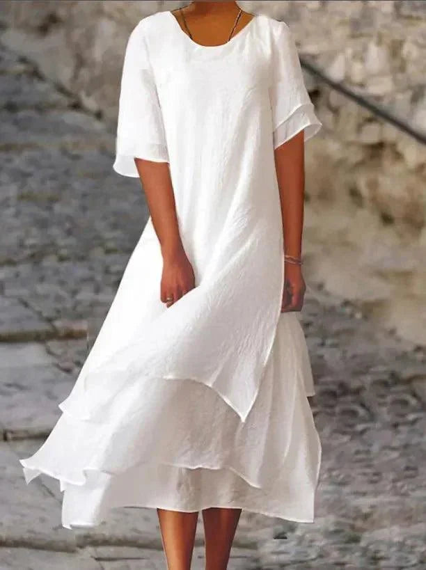 Flowy women's midi dress, comfortable tiered A-line design for spring fashion, features round neck & short sleeves.