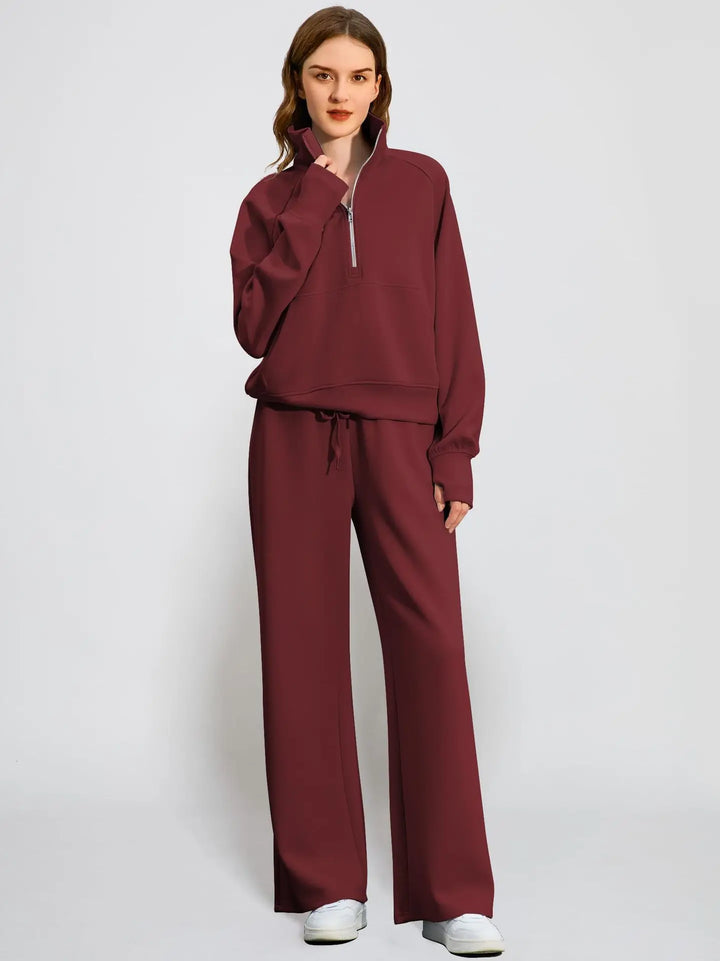 Cozy women's loungewear set with a comfortable half zip sweatshirt and stylish wide-leg pants.
