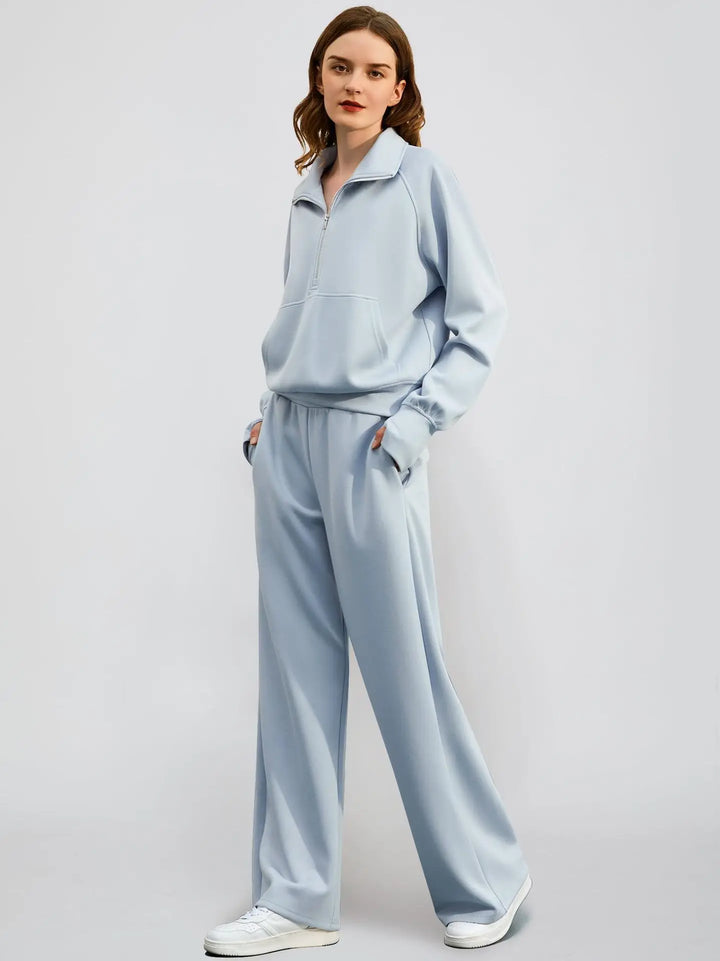 Chic women's two-piece set: versatile half zip pullover and comfortable wide-leg sweatpants.
