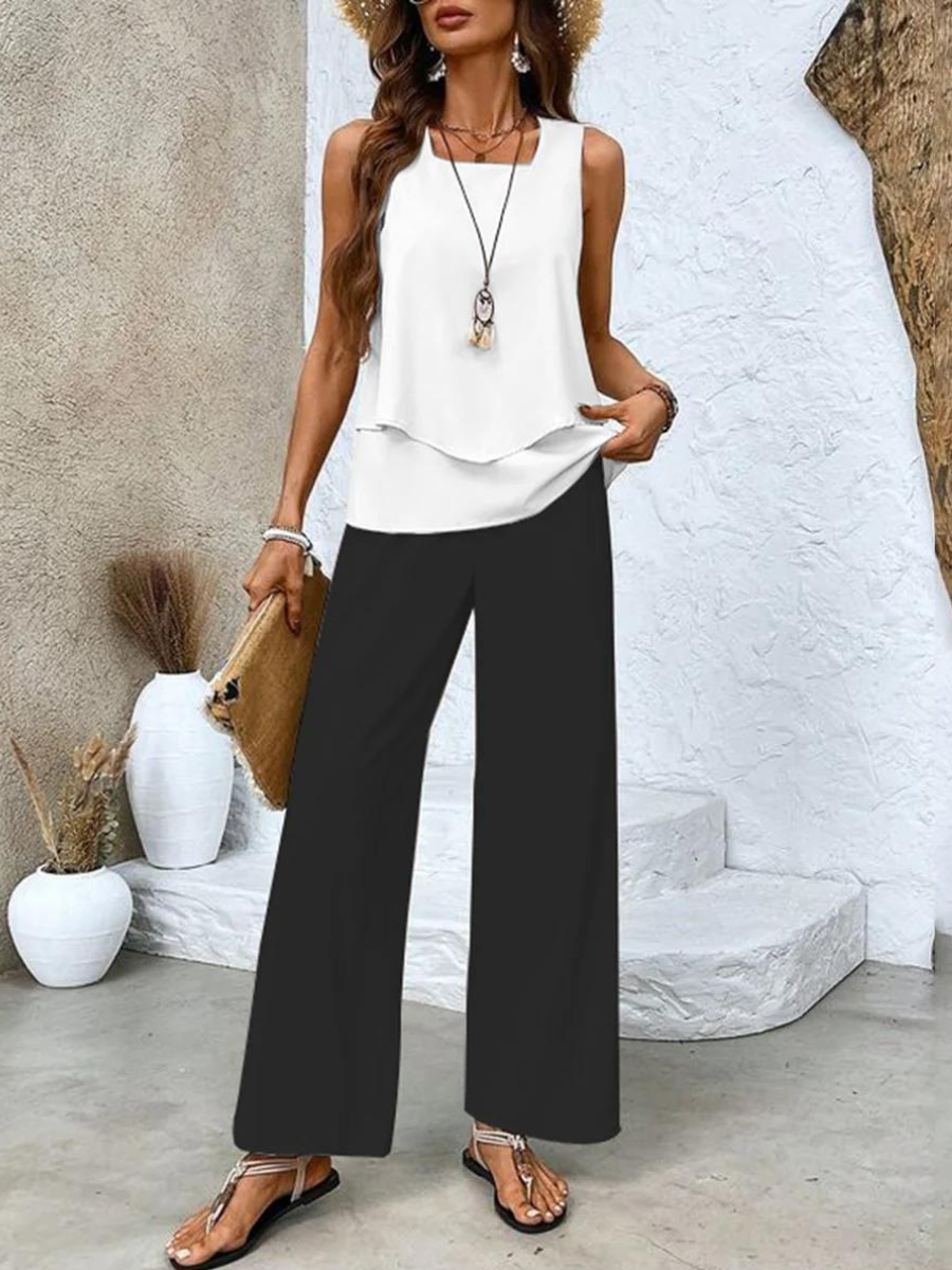 Versatile women's two-piece summer outfit with a breezy top and flowy wide-leg pants for effortless style.