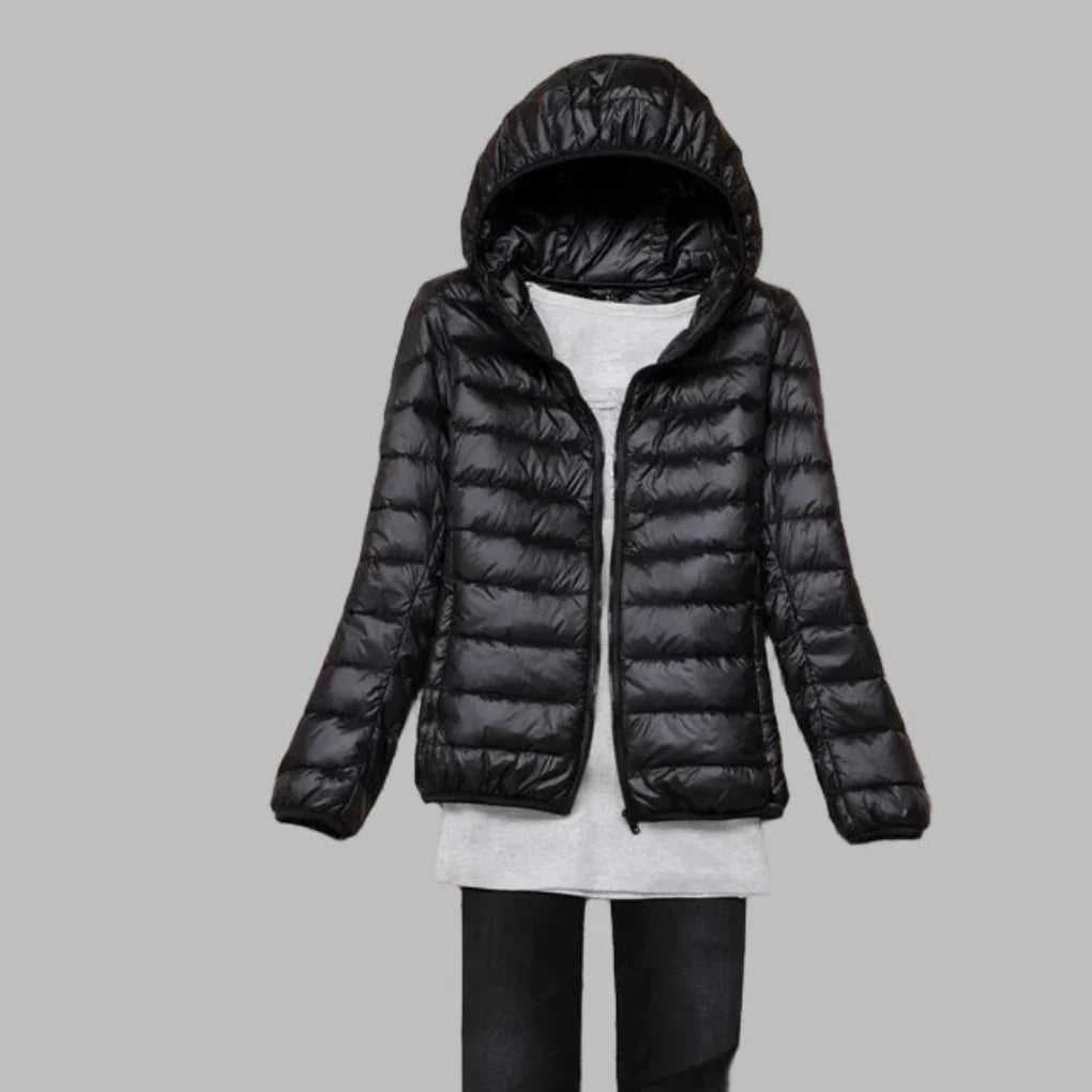 Women's ultra-light packable insulated hooded coat, perfect for travel & layering in winter. Lightweight outerwear.