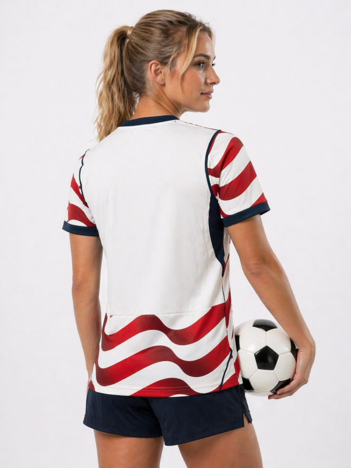 Show your support with this women's USA soccer shirt, ideal sportswear for Team USA fans.