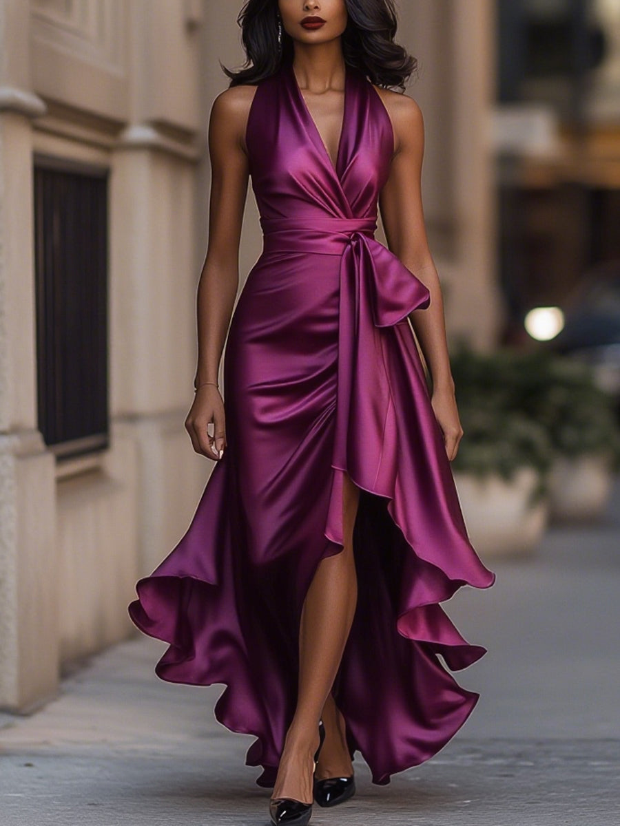 Feel beautiful in this women's V-neck sleeveless wrap midi dress, designed for elegant party attire & casual chic.
