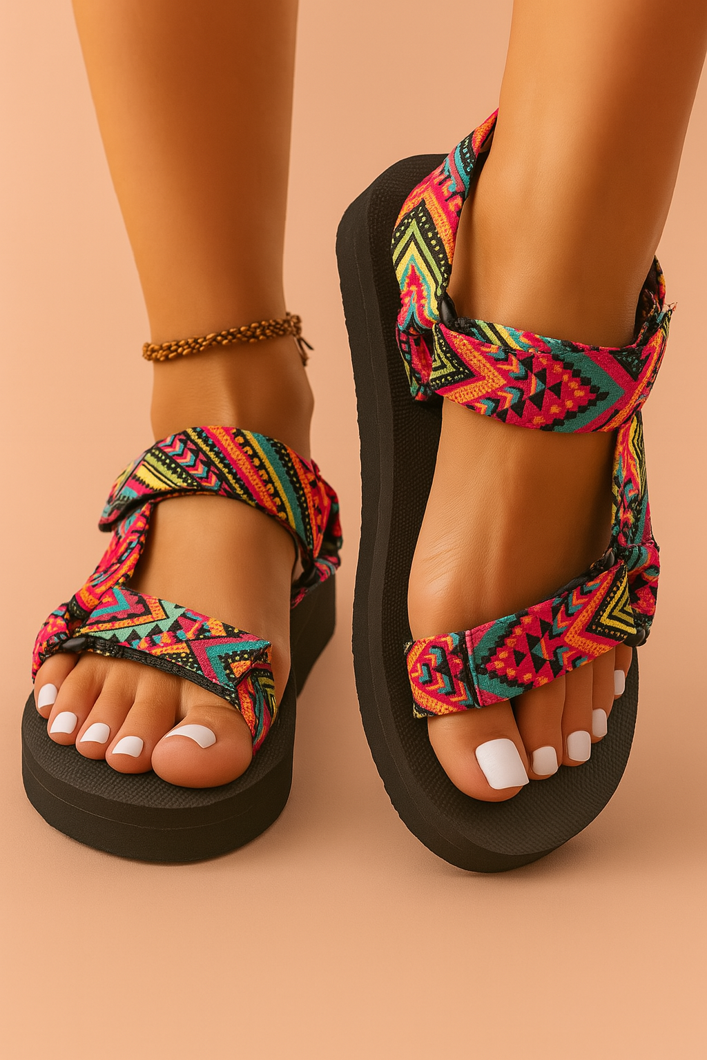 Women's vibrant ethnic strap comfort sandals. Perfect summer footwear for vacation & festival fashion. Boho style.