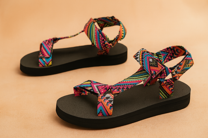 Colorful strap women's ethnic sandals. Unique boho summer footwear for comfort, vacation & festival fashion.