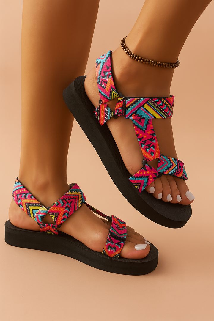 Women's vibrant ethnic strap sandals, offering comfort & unique boho style. Perfect for summer & festivals.