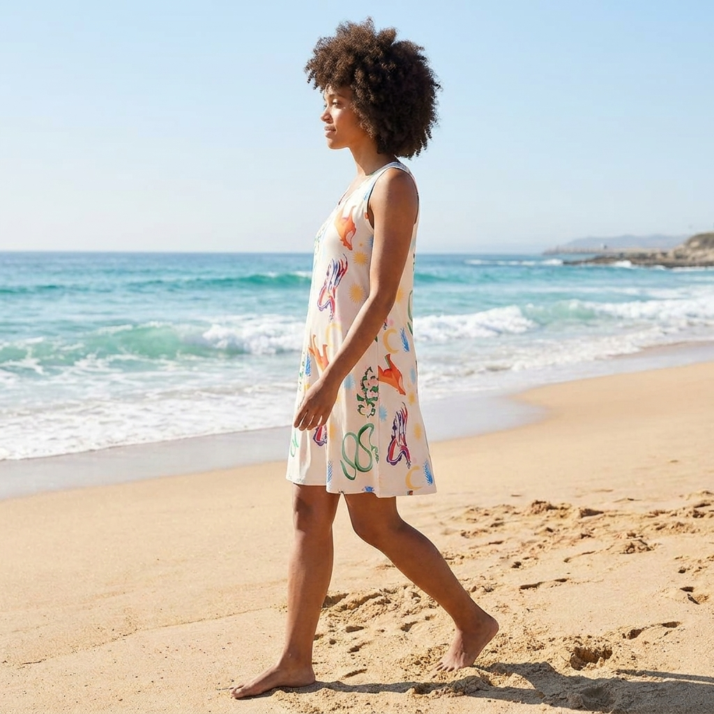 Casual women's printed midi beach dress, square neck, sleeveless. A flowy summer dress for beach, resort, or everyday.