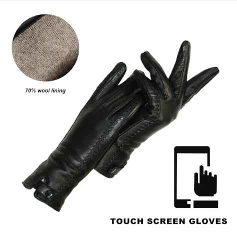 Retro women's leather gloves, dark brown with a cozy wool lining. Stylish vintage winter handwear for ladies.