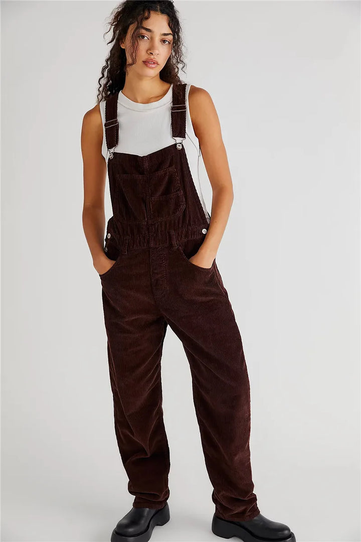 Comfortable relaxed-fit corduroy jumpsuit for women, perfect for all-day wear and versatile styling.