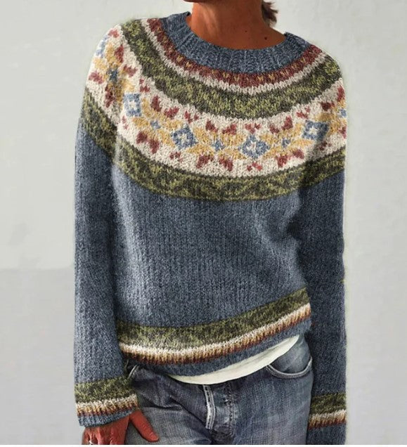 Cozy long sleeve sweater with a vintage knit pattern, perfect for chilly fall days.