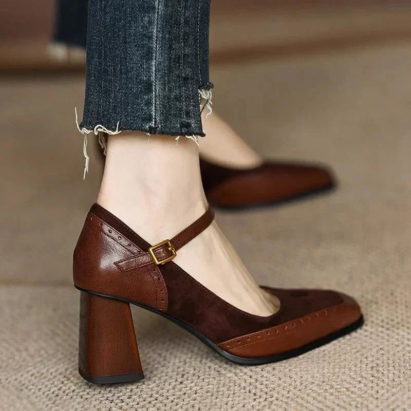 Women's vintage square toe block heel pumps in classic Florence style