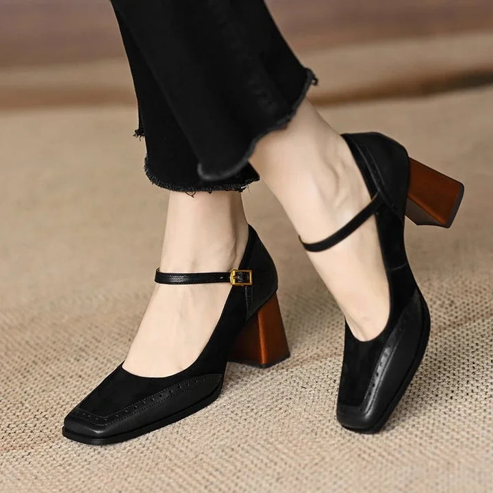 Fashionable women's footwear: classic pumps with vintage block heel