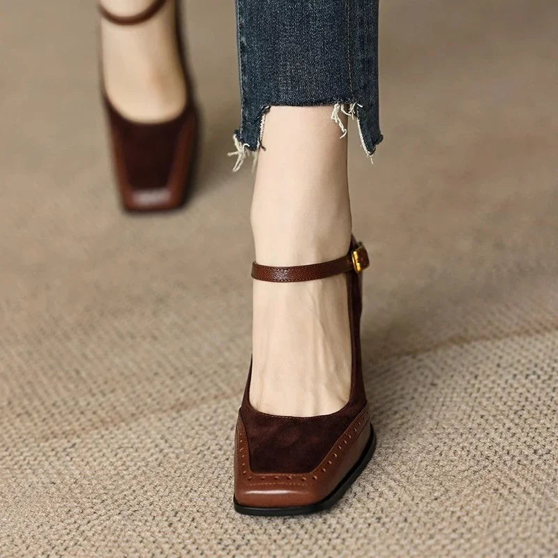 Woman wearing elegant Florence classic pumps with square toe and block heel