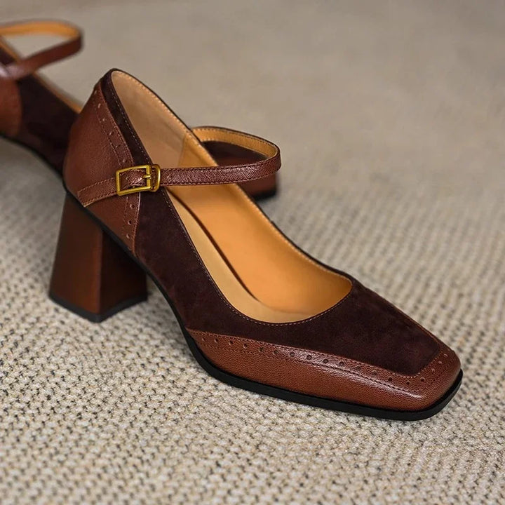 Side view of women's vintage block heel pumps, ideal for office wear