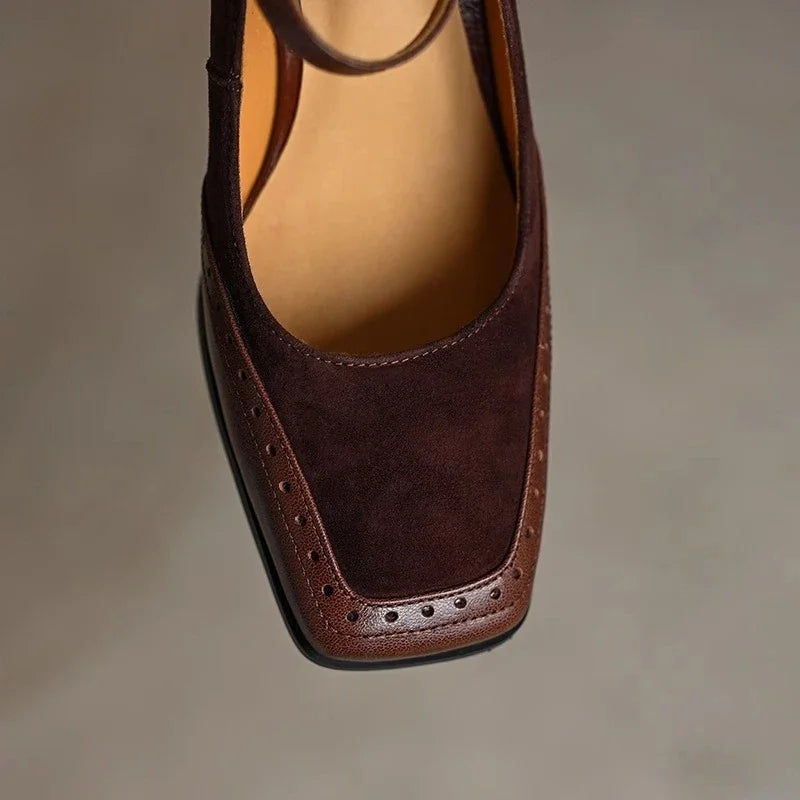 Detail of the square toe and block heel on women's Florence classic pumps
