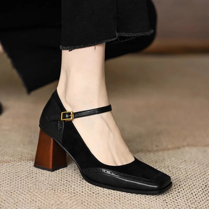Elegant ankle strap on women's vintage square toe block heel dress shoes