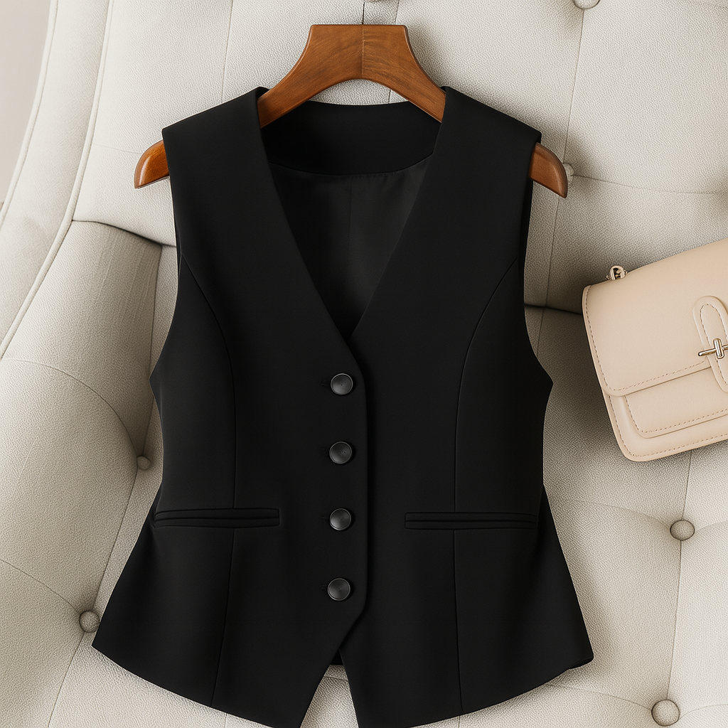 Women's vintage style V-neck sleeveless vest in polyester blend, perfect for autumn fashion layering.