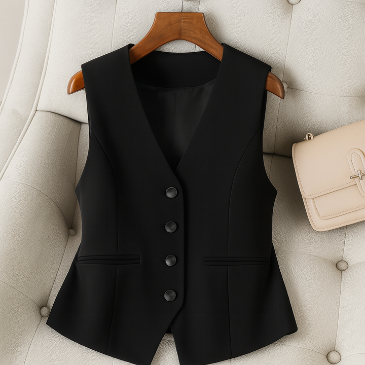 Women's vintage style V-neck sleeveless vest in polyester blend, perfect for autumn fashion layering.