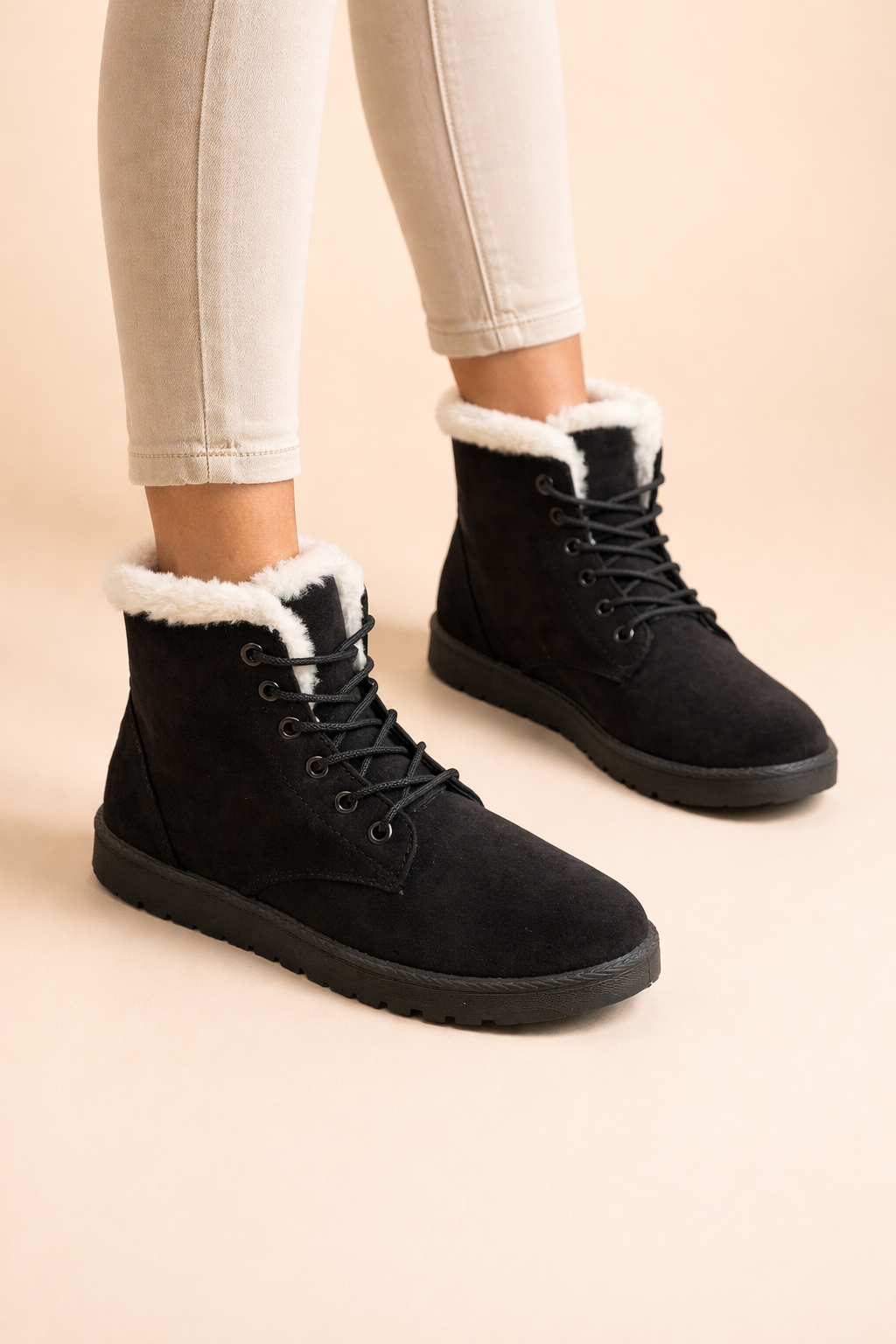 Close-up of soft lining inside women's cozy winter boots.