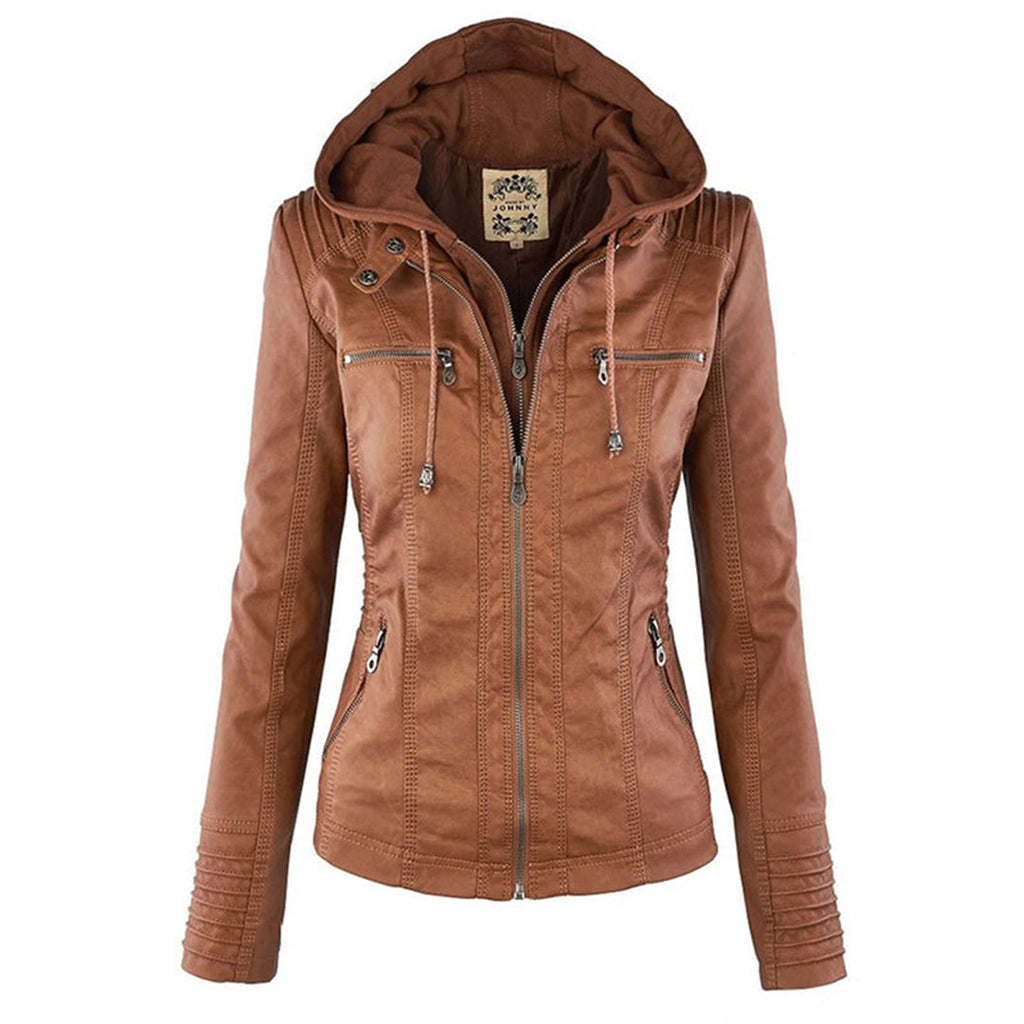 Women's warm double-lined leather jacket with hood, ideal for stylish winter outerwear.