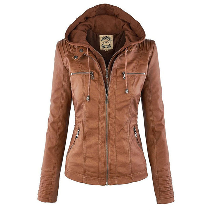Women's warm double-lined leather jacket with hood, ideal for stylish winter outerwear.