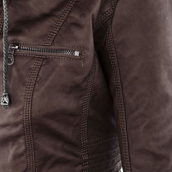 Premium women's leather hooded jacket, double-lined for warmth, a stylish winter coat.